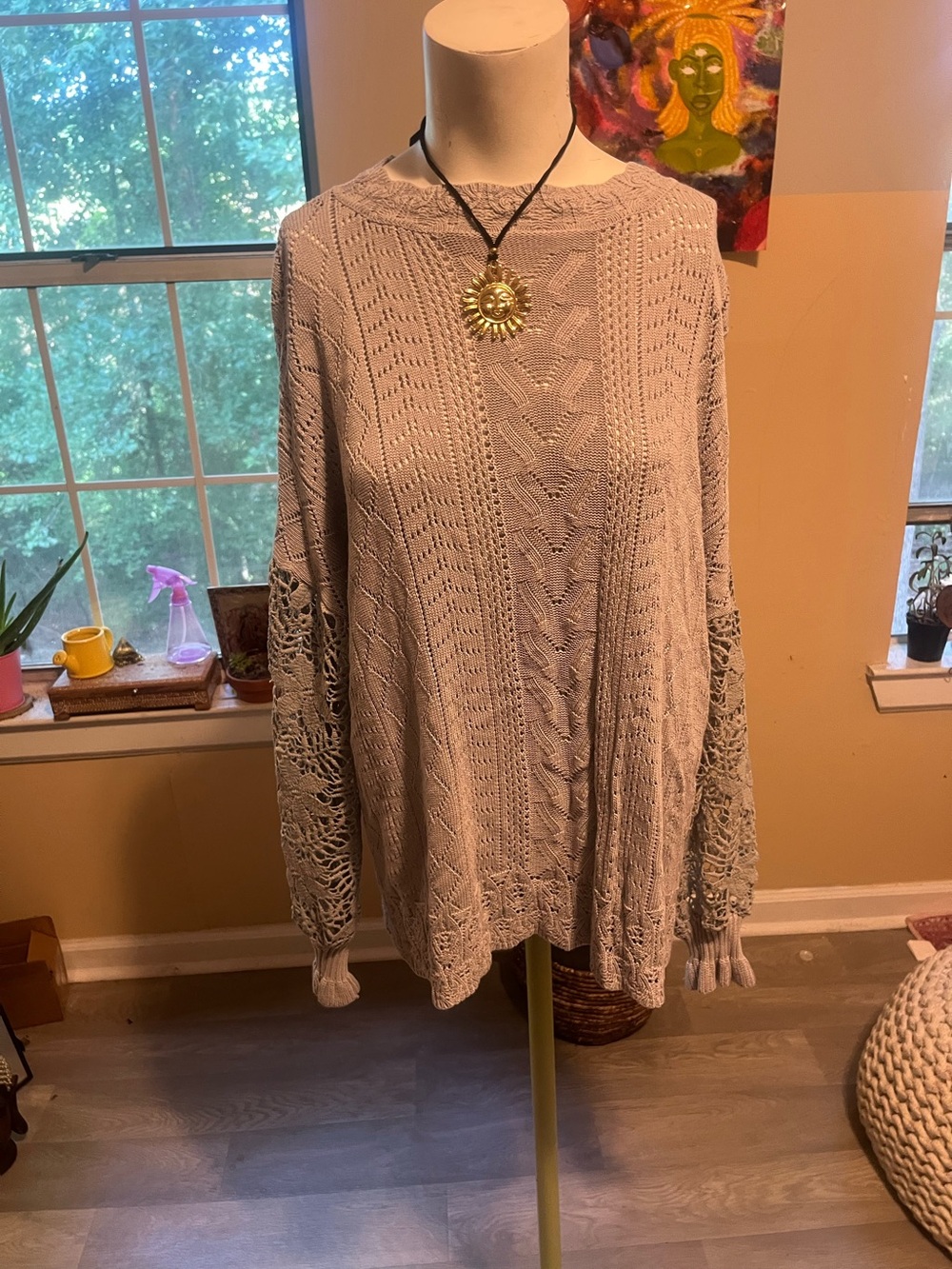 Open-Knit Crewneck Sweater with Lace-Detail Sleeves - Light Gray